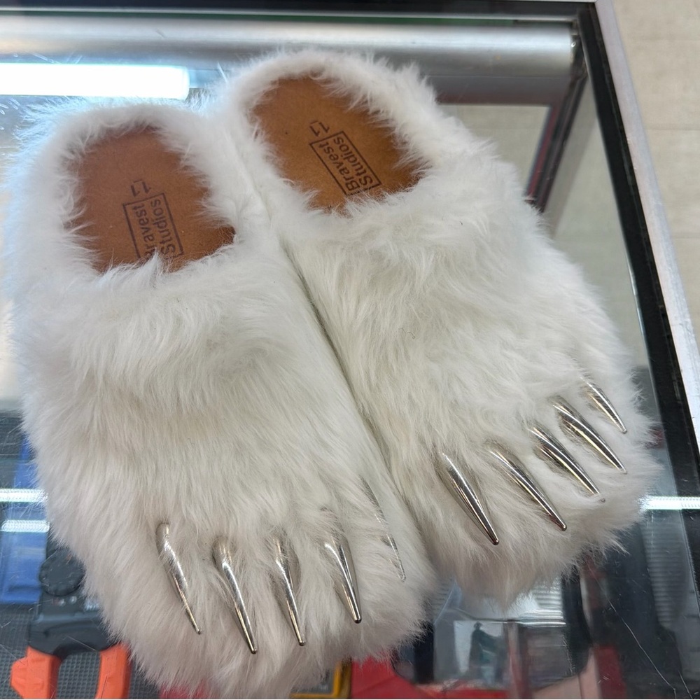 Bravest Studios White Faux Fur Claw Slip-On Loafers